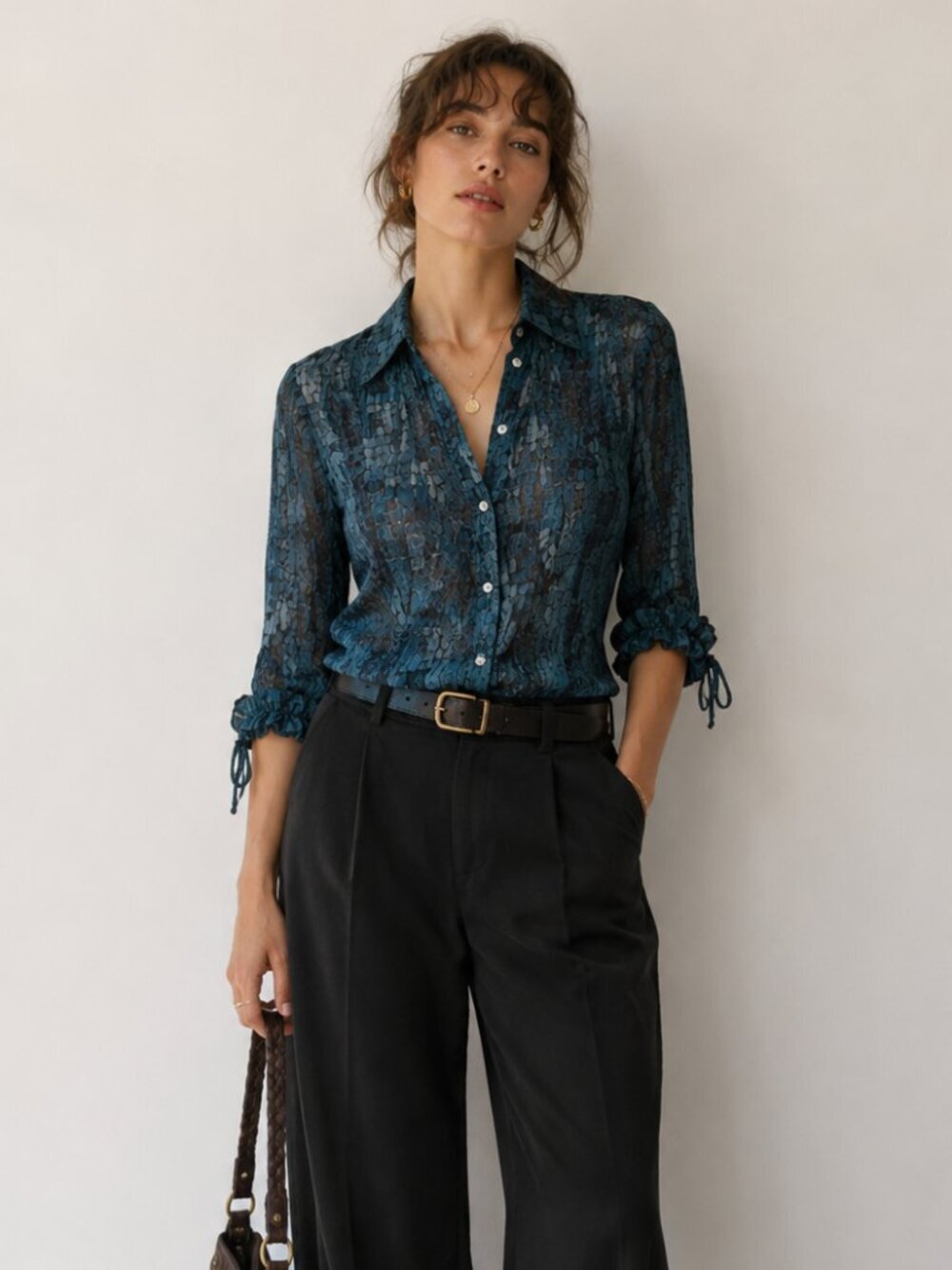 Vintage Caviar Peacock Blue Blouse Snakeskin Print Crinkle Sheer 3/4 Sleeve M